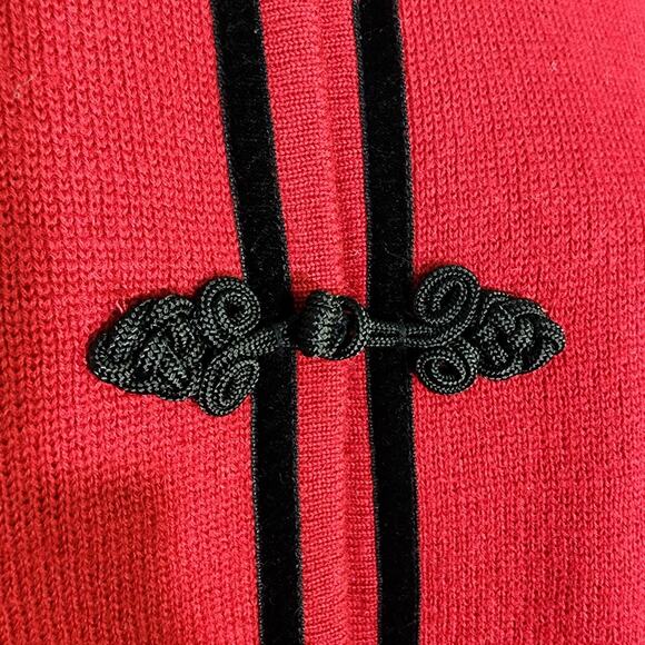 Talbots Cardigan Sweater Medium Red Black Velvet Trim Snap Toggle Merino Wool - Picture 6 of 9